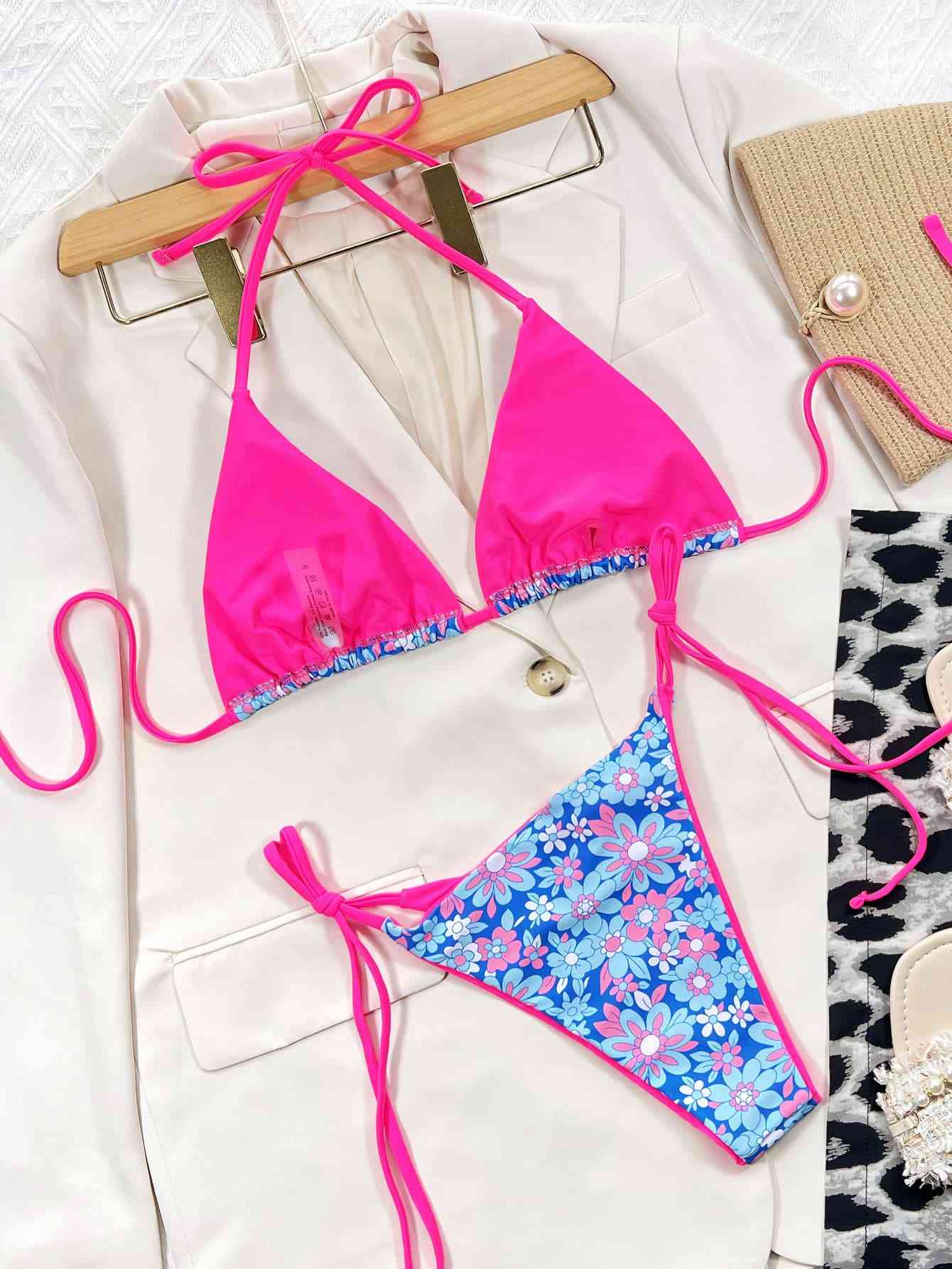 Chic Floral Halter Neck Bikini Set with Tie Sides - Vibrant Swimwear