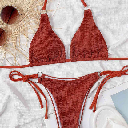 Elegant Textured Halter Neck Bikini Set with Tie Sides